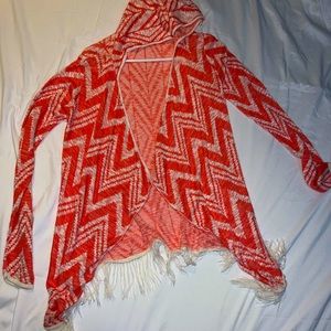 Coral chevron hooded cardigan with fringed bottom